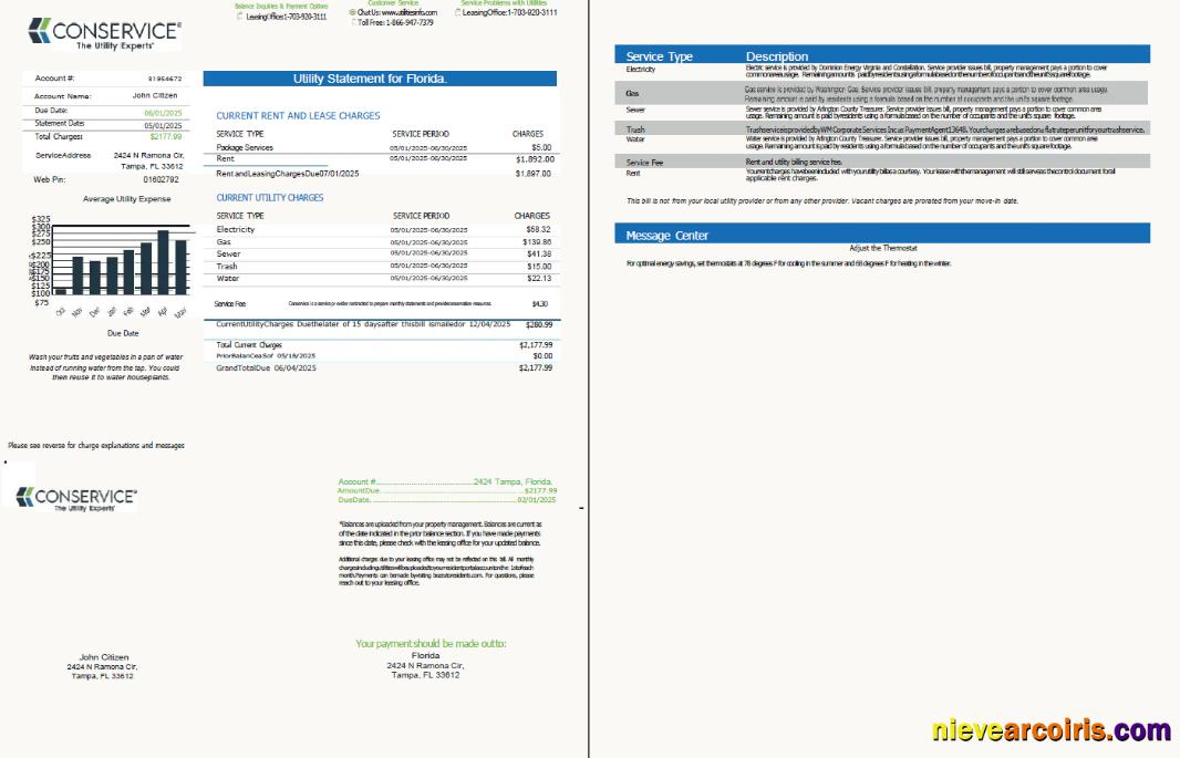 USA Conservice utility bill, 2 pages, version 2